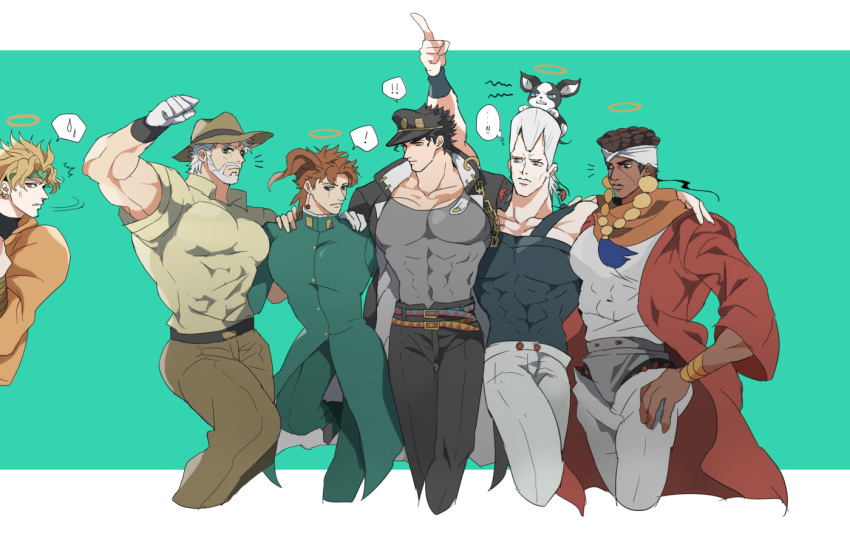 !, 6+boys, beard, black_coat, black_hair, black_hat, blonde_hair, brown_eyes, brown_hair, chain, coat, commentary_request, covered_abs, dark-skinned_male, dark_skin, dio_brando, dog, earrings, erk_(okra_ecory), facial_hair, facial_mark, flattop, frown, gakuran, green_eyes, green_headband, grey_hair, grey_shirt, halo, hat, headband, iggy_(jojo), jacket, jean_pierre_polnareff, jewelry, jojo_no_kimyou_na_bouken, joseph_joestar, joseph_joestar_(old), kakyoin_noriaki, kujo_jotaro, large_pectorals, male_focus, mohammed_avdol, multiple_boys, muscular, muscular_male, old, old_man, pectorals, red_coat, scar, scar_across_eye, scar_on_face, school_uniform, shirt, speech_bubble, spoken_exclamation_mark, standing, standing_on_one_leg, stardust_crusaders, sweatdrop, thought_bubble, traditional_halo, turtleneck, white_headband, yellow_jacket