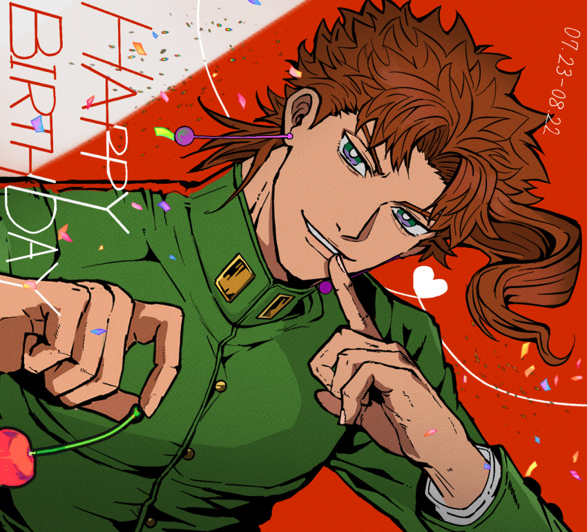 1boy, brown_hair, cherry, cherry_earrings, commentary_request, dated, earrings, erk_(okra_ecory)