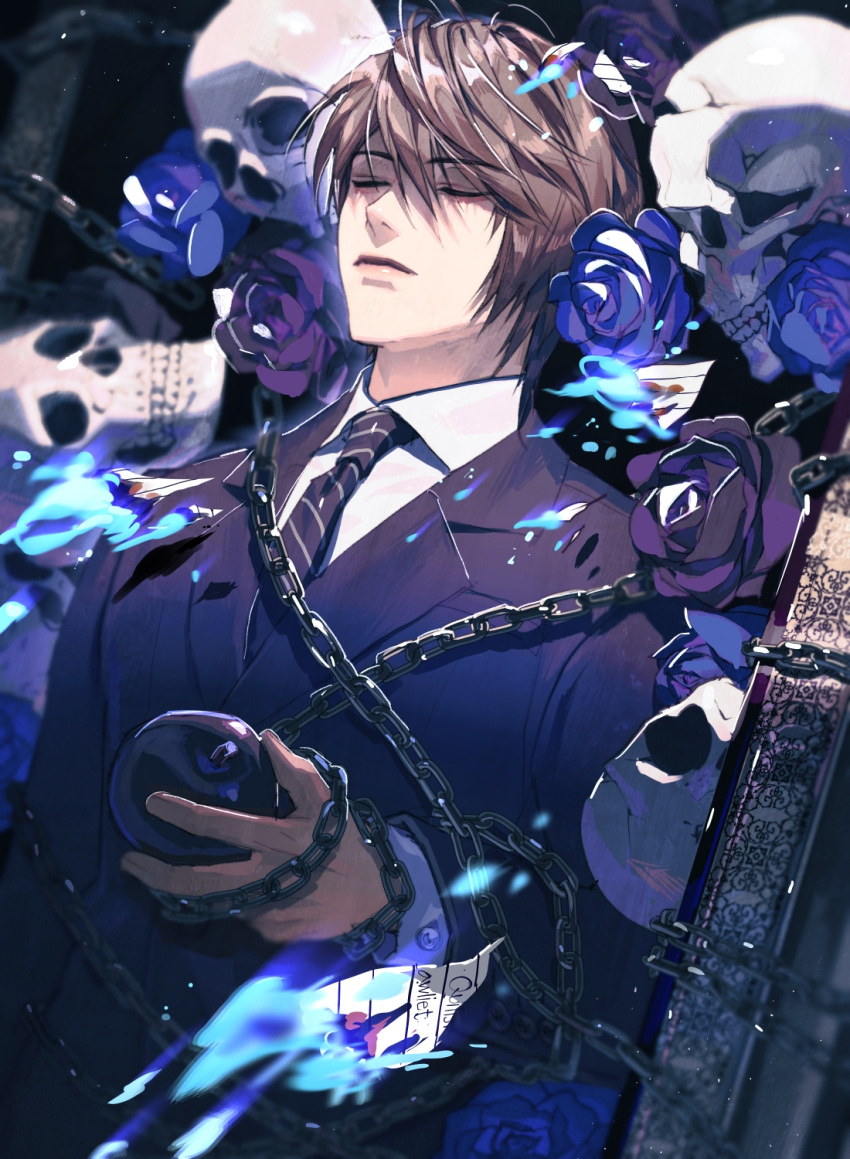 1boy, apple, black_apple, black_flower, black_necktie, black_rose, brown_hair, chain, death_note, dusgkwjd1, expressionless, flower, food, fruit, hair_between_eyes, highres, holding, holding_food, holding_fruit, long_sleeves, male_focus, necktie, nose, rose, short_hair, skull, striped_necktie, suit, yagami_light