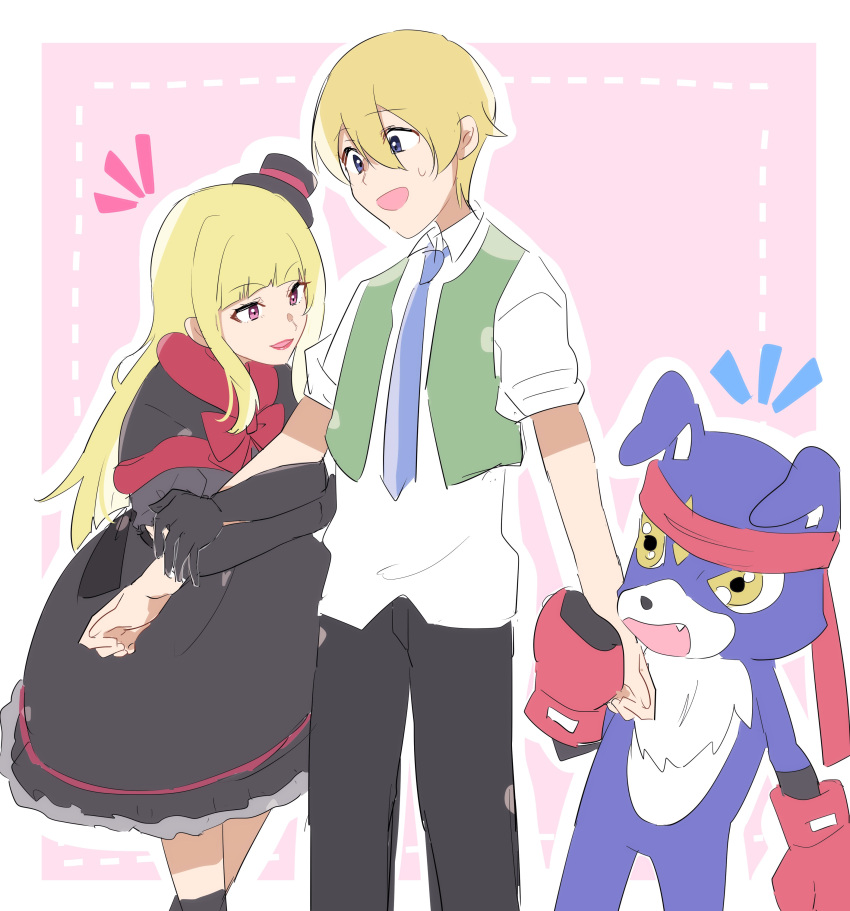 1boy, 1girl, absurdres, blonde_hair, digimon, digimon_savers, fang, gaomon