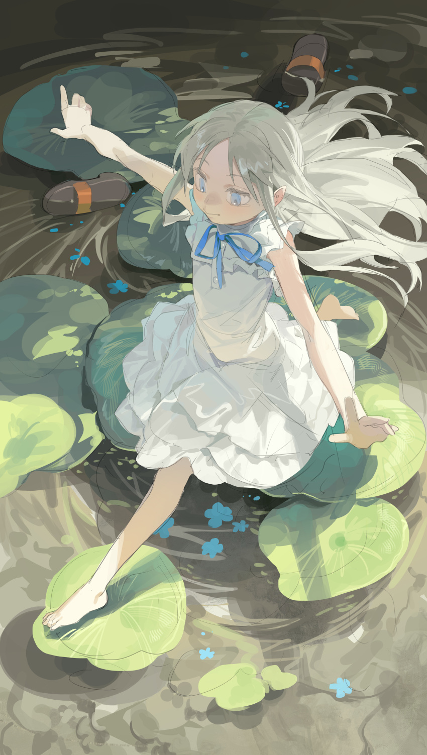 1girl, absurdres, ano_hi_mita_hana_no_namae_wo_bokutachi_wa_mada_shiranai., bare_arms, blue_eyes, blue_ribbon, dress, flower