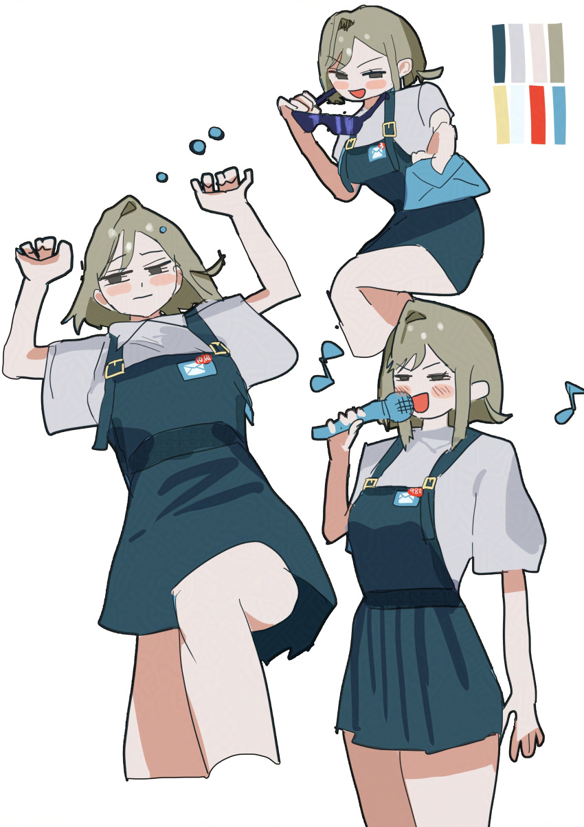 1girl, :d, :|, absurdres, aqua_dress, arms_up, black_eyes, blush