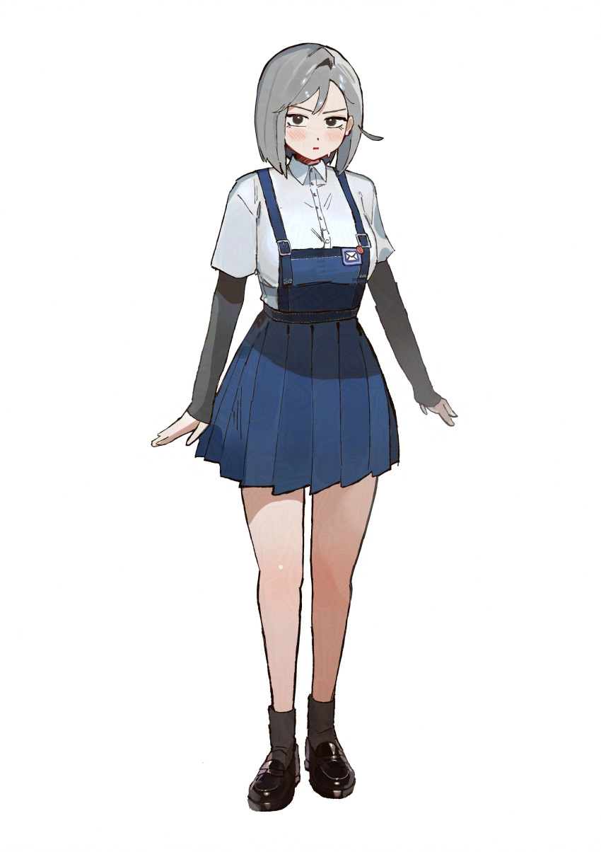 1girl, absurdres, adversarial_noise, black_eyes, black_shoes, blue_dress, blunt_ends, breasts, collared_shirt, dress, dress_shirt, full_body, grey_hair, highres, large_breasts, layered_sleeves, loafers, long_sleeves, looking_at_viewer, meiru_(yu_ni_taro), original, parted_bangs, parted_lips, pinafore_dress, pleated_dress, shirt, shoes, short_hair, short_over_long_sleeves, short_sleeves, simple_background, sleeveless, sleeveless_dress, socks, solo, standing, v-shaped_eyebrows, white_background, white_shirt, wing_collar, yu_ni_taro