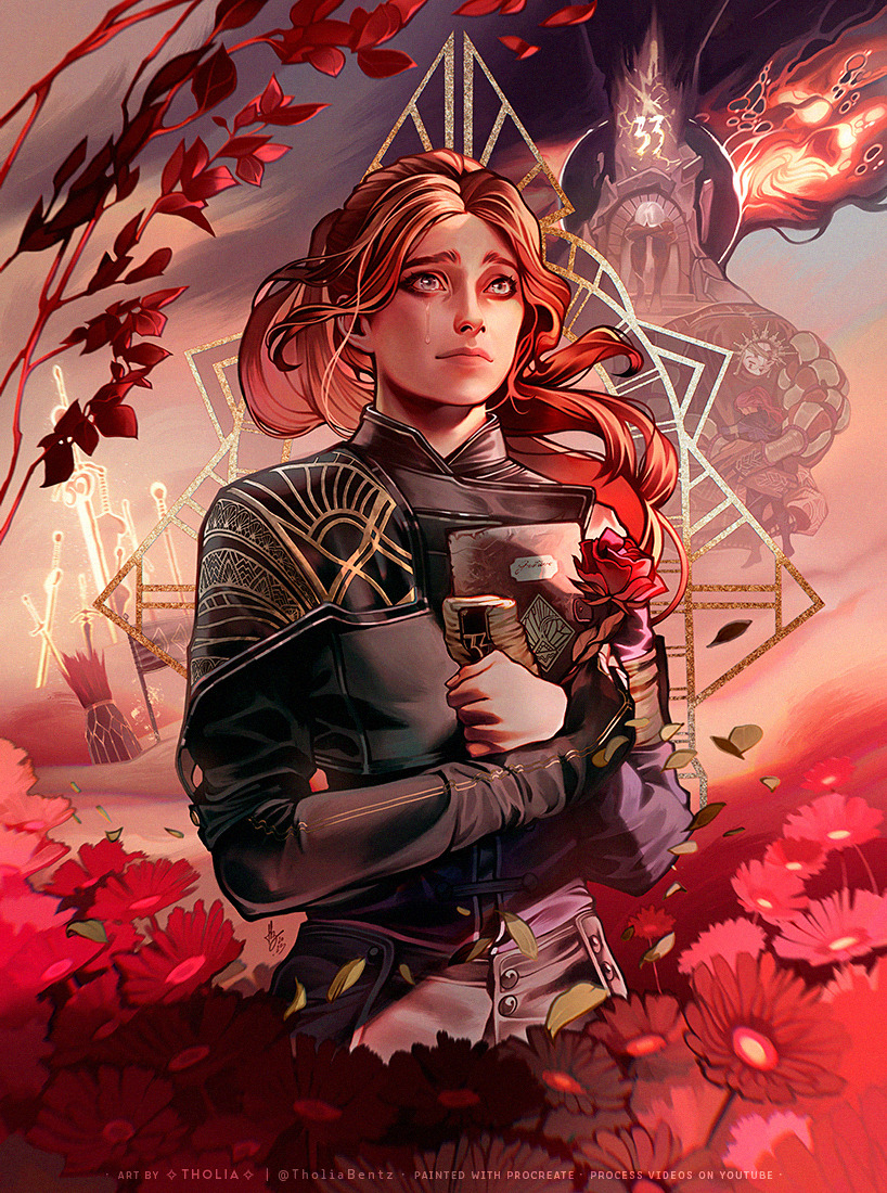1girl, blue_eyes, clair_obscur:_expedition_33, closed_mouth, coat, flower, gloves, holding