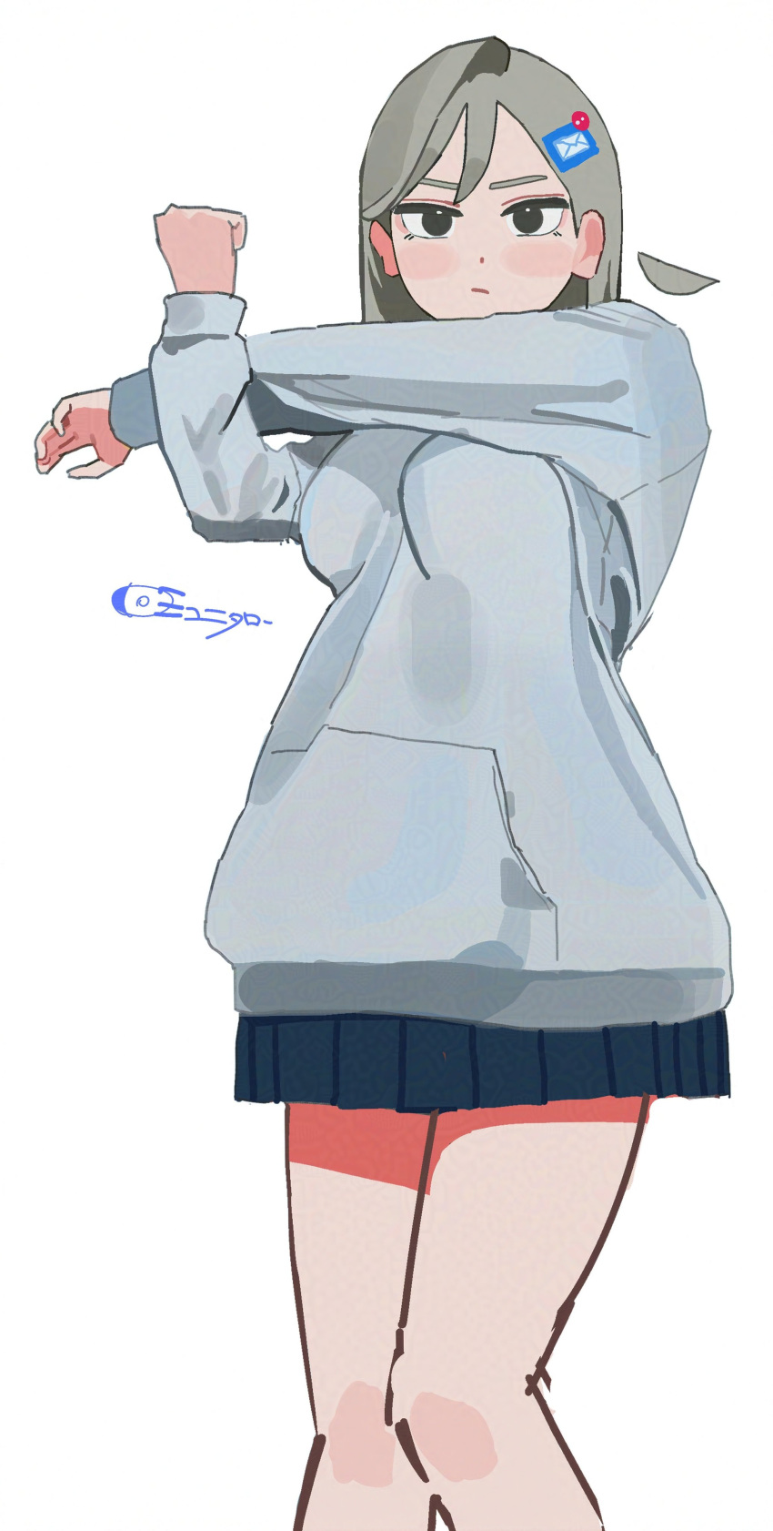 1girl, absurdres, adversarial_noise, black_eyes, blue_skirt, breasts, clenched_hand, commentary_request