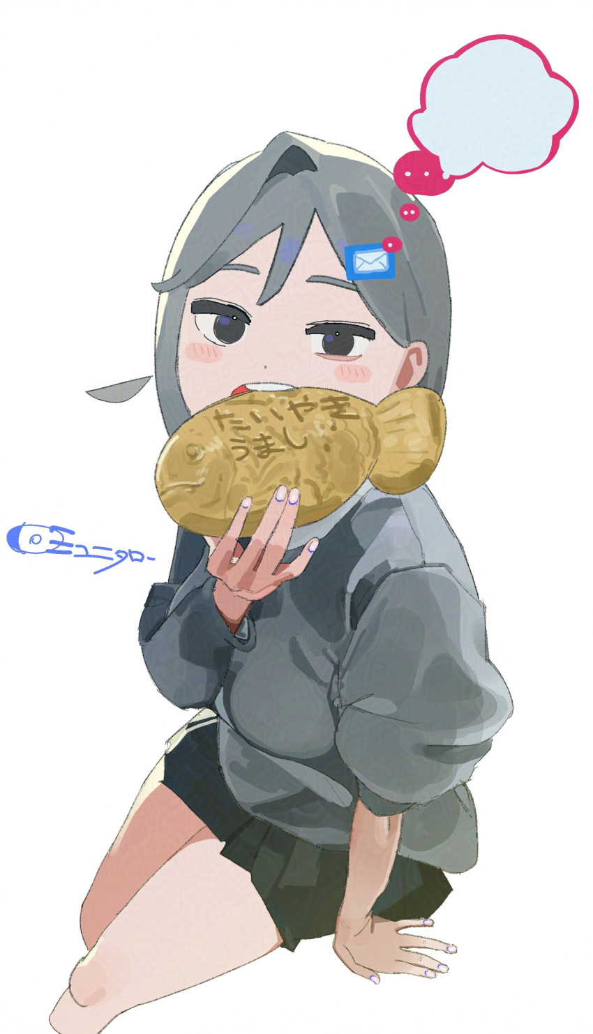 1girl, absurdres, adversarial_noise, black_eyes, black_skirt, commentary_request, eating, envelope_hair_ornament