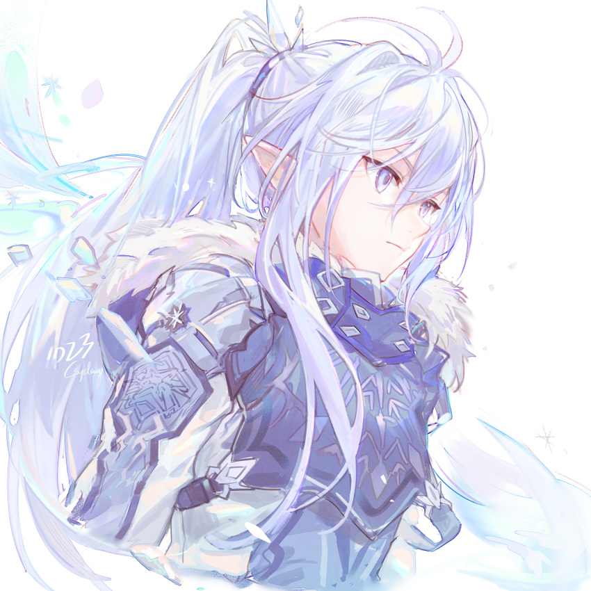 1boy, artist_name, blue_eyes, blue_jacket, csyday, dungeon_and_fighter, fur_trim, glacial_master_(dungeon_and_fighter), high_ponytail, highres, jacket, long_hair, long_sleeves, male_mage_(dungeon_and_fighter), pointy_ears, ponytail, shirt, sidelocks, simple_background, solo, two-tone_shirt, upper_body, very_long_hair, white_background, white_hair, white_shirt