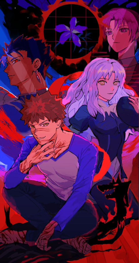 2boys, 2girls, angra_mainyu_(fate), barefoot, bazett_fraga_mcremitz, blue_hair, breasts, caren_hortensia