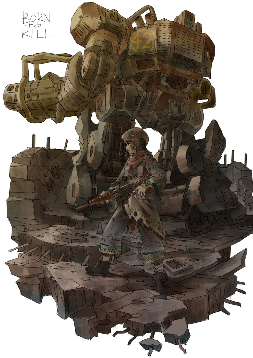 1girl, ammunition_pouch, bandana, bandana_around_neck, black_boots, boots, brown_hair, caterpillar_tracks