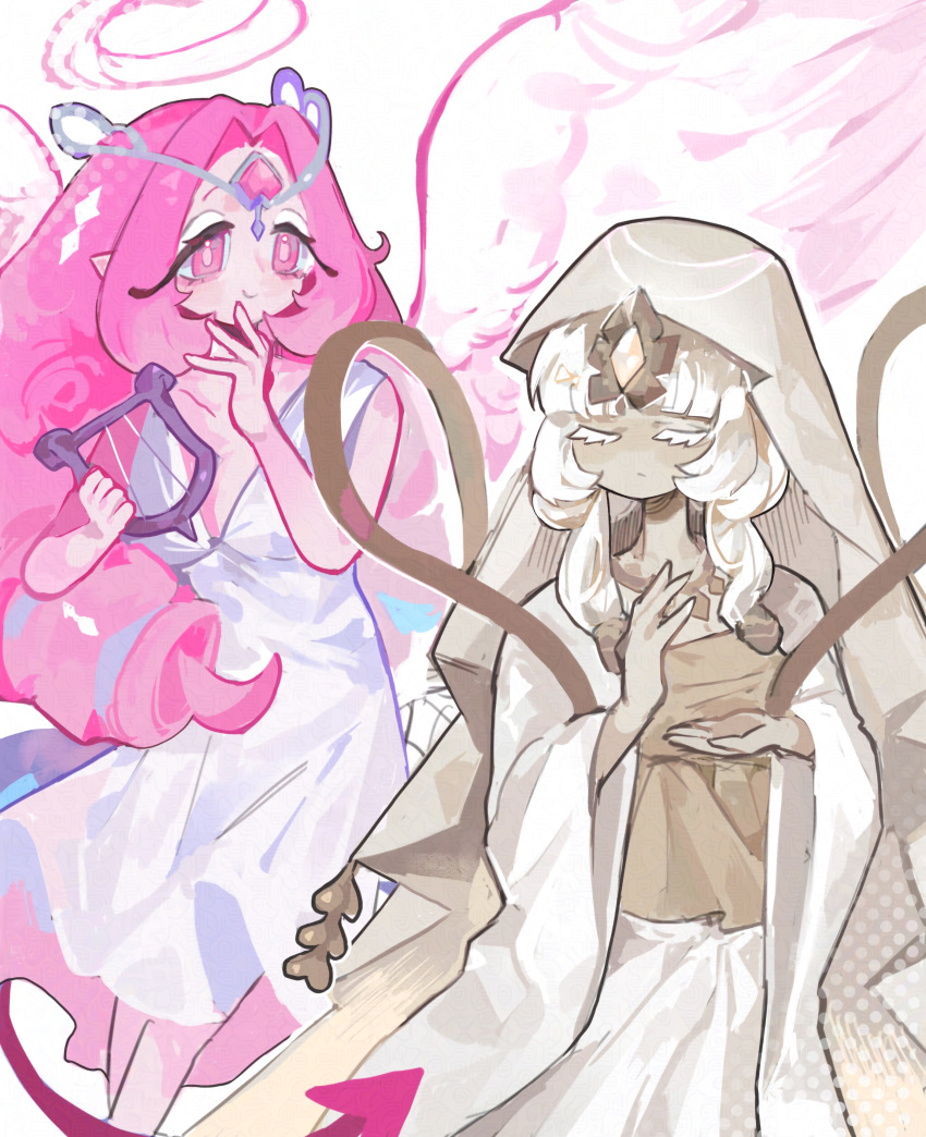 2girls, 8042_new, absurdres, angel, angel_wings, breasts, colored_skin, cookie_run
