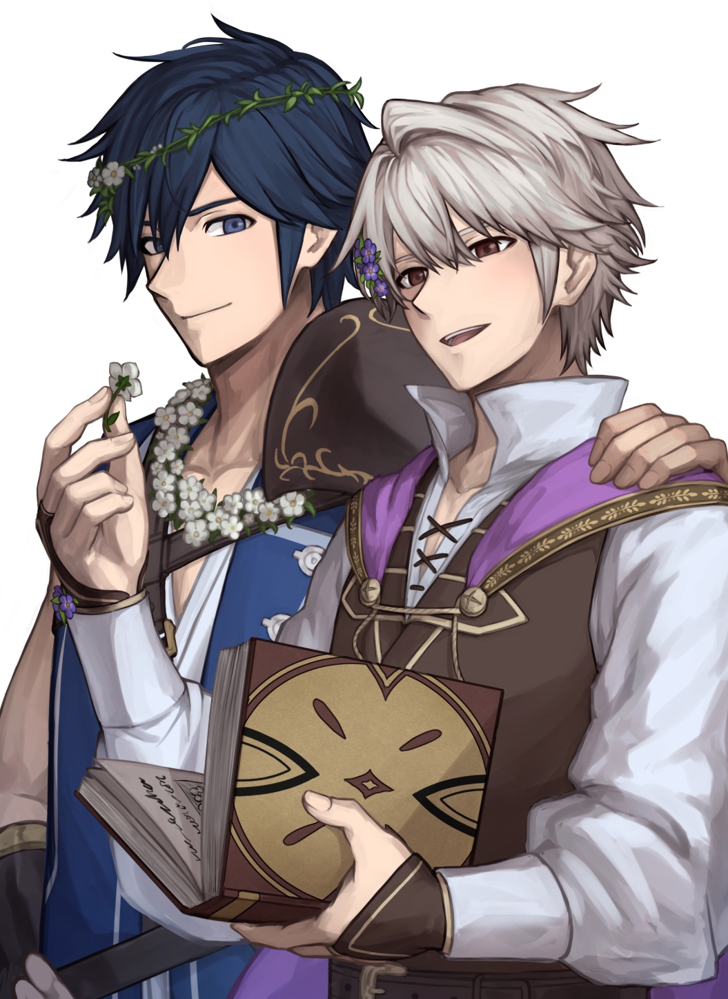 2boys, blue_eyes, blue_hair, book, brown_eyes, brown_vest, chrom_(fire_emblem), chrom_(valentine)_(fire_emblem)