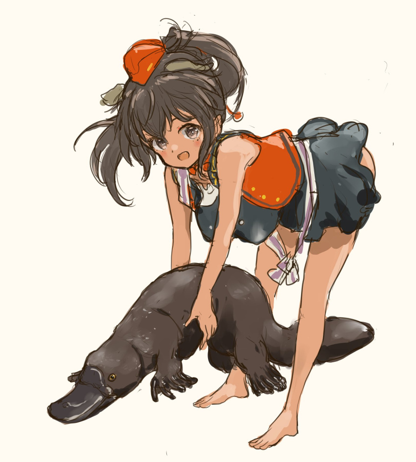 1girl, aviation_magic_band, barefoot, black_hair, black_skirt, breasts, brown_eyes, dark-skinned_female
