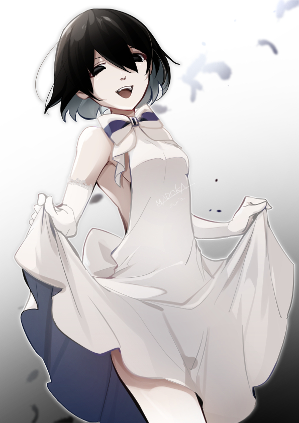 1girl, backless_dress, backless_outfit, black_eyes, black_hair, bob_cut, breasts, clothes_lift