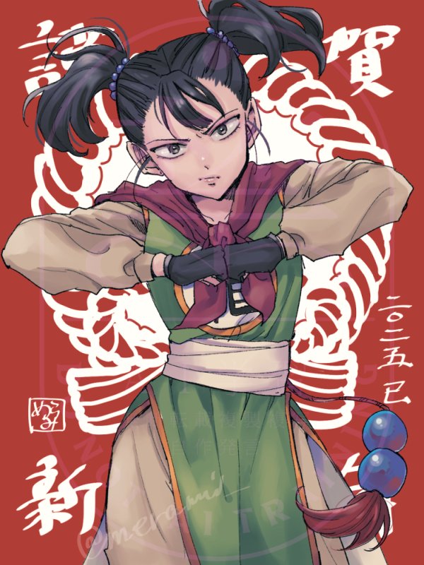 1girl, black_eyes, black_gloves, black_hair, chinese_clothes, clenched_hands, commentary_request, cowboy_shot