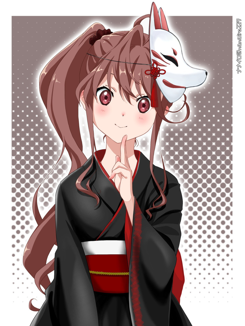1girl, 22/7, black_kimono, black_scrunchie, blush, border, brown_background, brown_eyes