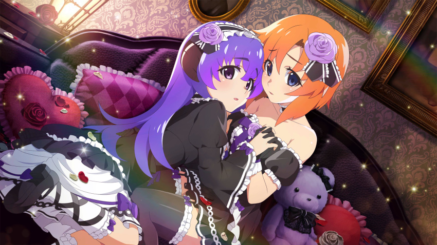 2girls, black_bow, black_dress, black_gloves, black_shoes, black_thighhighs, blue_eyes, bow, choker, collarbone, couch, dress, dutch_angle, flower, frilled_dress, frills, game_cg, garter_straps, gloves, hair_flower, hair_ornament, hanyuu, heart_cushion, highres, higurashi_no_naku_koro_ni, higurashi_no_naku_koro_ni_mei, holding_hands, indoors, long_hair, long_sleeves, looking_at_viewer, maid, multiple_girls, non-web_source, official_art, on_couch, orange_hair, parted_lips, purple_bow, purple_flower, purple_hair, purple_rose, red_flower, red_petals, red_rose, rose, ryuuguu_rena, shoes, short_hair, shy, sitting, socks, sparkle, strapless, stuffed_animal, stuffed_toy, thigh-highs, violet_eyes, white_petals, white_socks