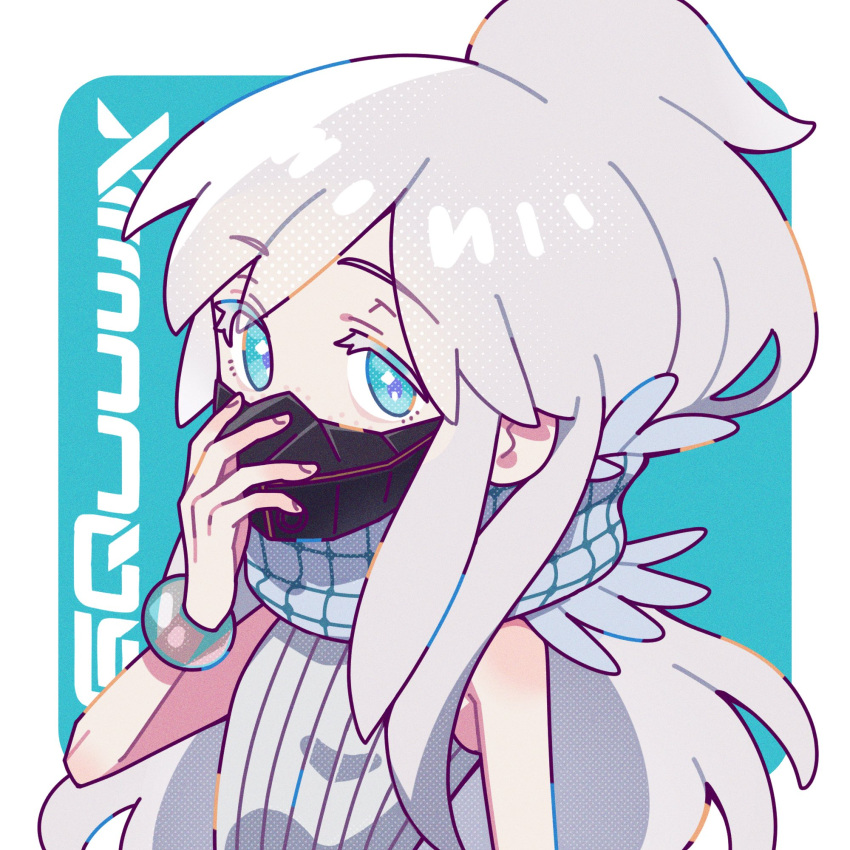 1girl, blue_background, blue_eyes, border, bracelet, colored_eyelashes, commentary_request, copyright_name, deux_murasame, freckles, grey_hair, gundam, gundam_gquuuuuux, highres, jewelry, long_hair, looking_at_viewer, mask, mouth_mask, purple_pupils, scarf, sleeveless, snow_light, solo, updo, upper_body, white_border, white_eyelashes