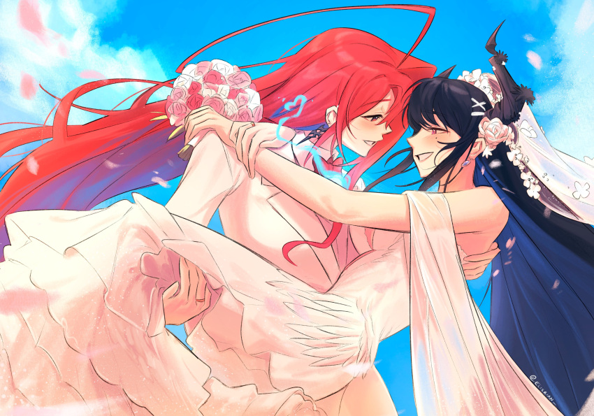 2girls, absurdres, ahoge, black_hair, blue_fire, blue_hair, blush, bouquet, bridal_veil, closed_mouth, demon_horns, dress, elisbian, elizabeth_rose_bloodflame, fire, flower, hair_flower, hair_ornament, highres, holding, holding_bouquet, hololive, hololive_english, horns, jewelry, long_hair, mole, mole_under_eye, multiple_girls, nerissa_ravencroft, red_eyes, red_hair, ring, smile, suit, veil, very_long_hair, virtual_youtuber, wedding_dress, wedding_ring, white_dress, white_flower, white_suit, wife_and_wife, x_hair_ornament, yuri