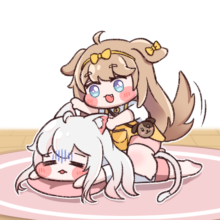 2girls, :3, ahoge, animal_ear_fluff, animal_ears, barefoot, bell, blue_eyes