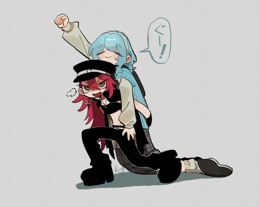 11230kingyo, 2girls, banchou, black_hat, blue_hair, brown_eyes, carrying, closed_eyes