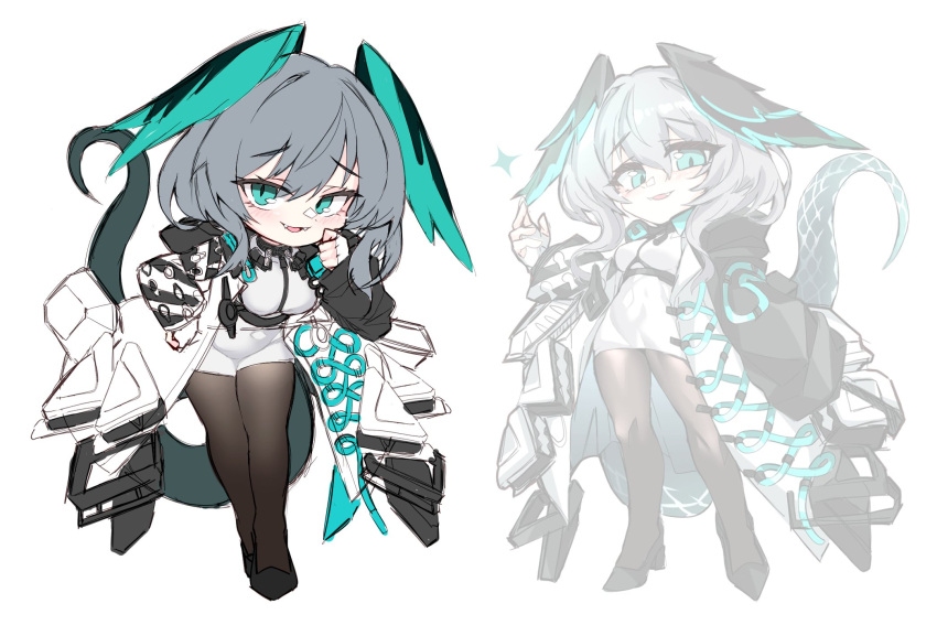 1girl, aqua_eyes, arknights, between_breasts, breasts, chibi, chibi_only, coat