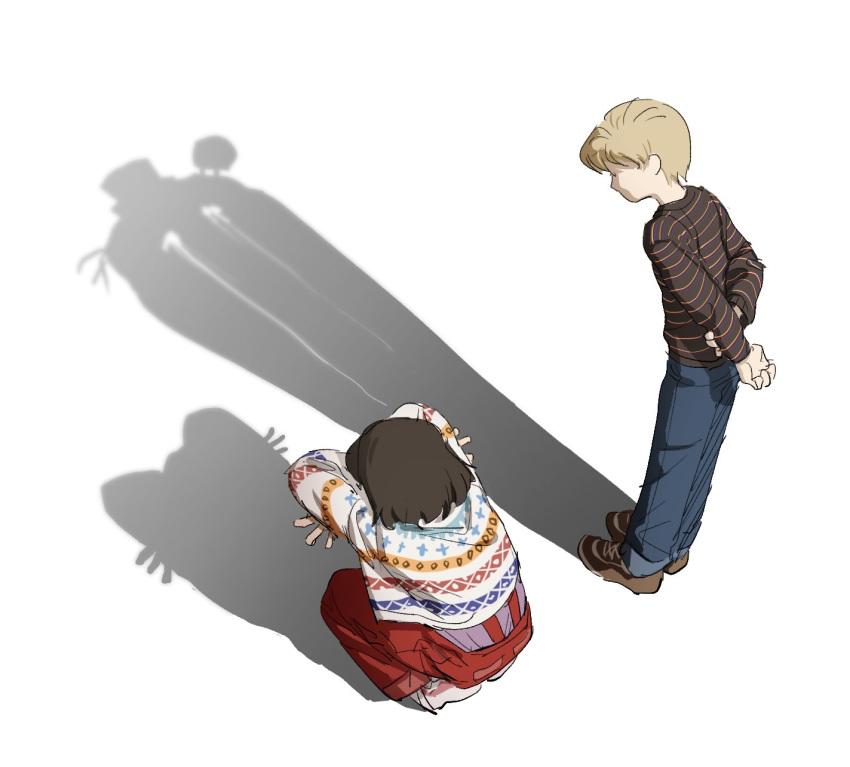 1boy, 1girl, abby_schmidt, arms_behind_back, blonde_hair, blue_pants, brown_hair, brown_shirt, brown_shoes, cat_shadow_puppet_(meme), commentary_request, five_nights_at_freddy's, five_nights_at_freddy's_(2023_movie), golden_freddy, highres, korean_commentary, long_sleeves, meme, pants, poliling1, red_pants, shadow, shirt, shoes, short_hair, squatting, striped_clothes, striped_shirt, sweater, very_short_hair, white_sweater