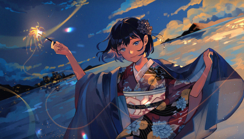 1girl, amo_(amo_0514), arm_up, backlighting, black_hair, blanket, blanket_cape, blue_eyes