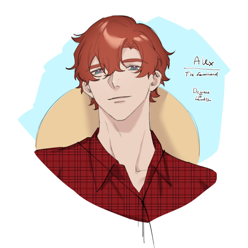 1boy, 96sorazaku, alex_(degrees_of_lewdity), alex_(male)_(degrees_of_lewdity), blue_eyes, brown_hair, character_name, collared_shirt