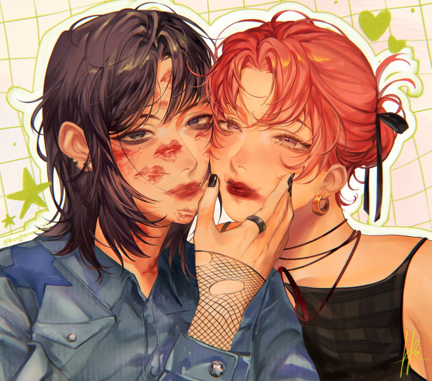 2girls, black_eyes, black_hair, black_nails, black_ribbon, black_tank_top, blue_shirt, ear_piercing