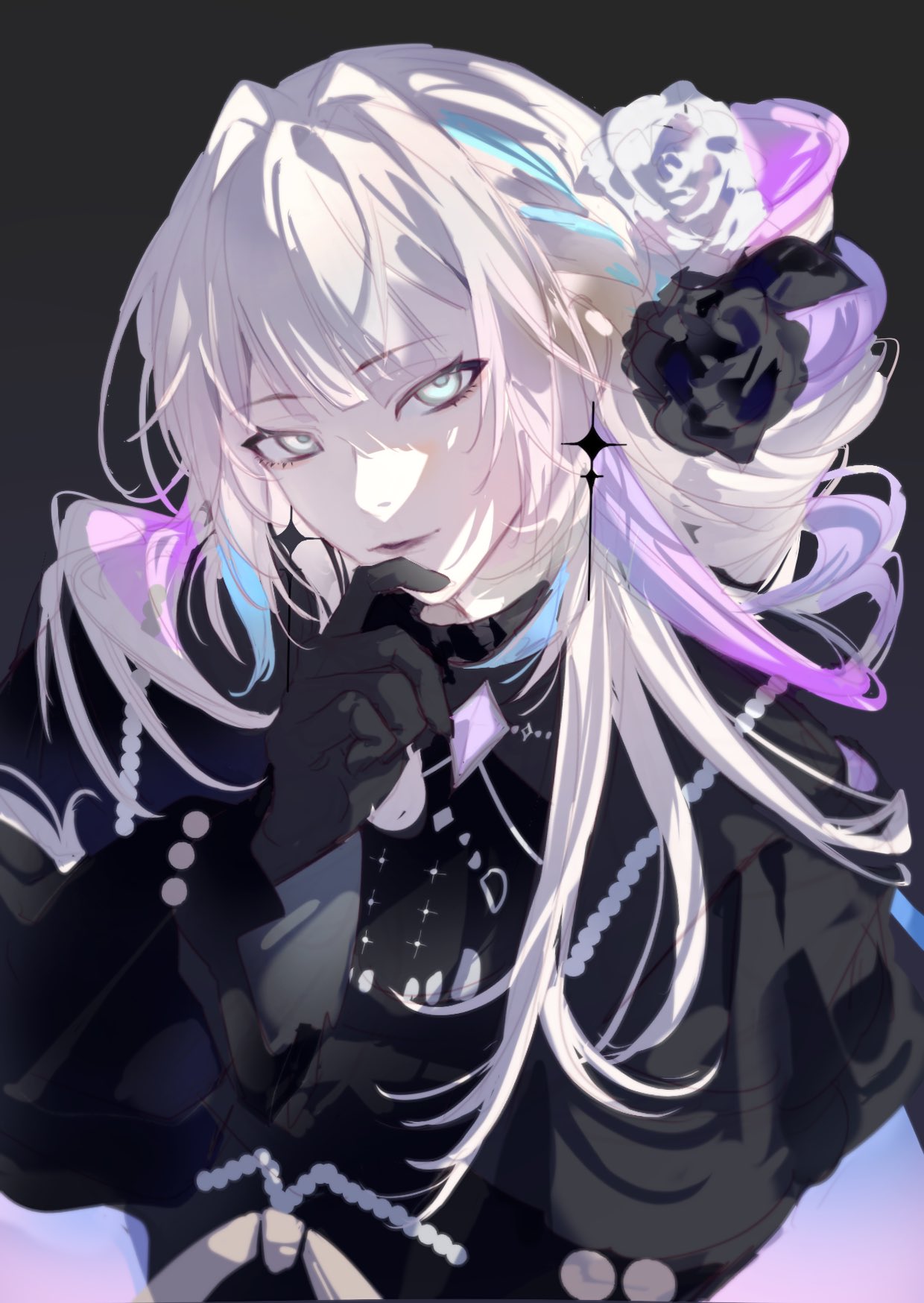 1boy, androgynous, black_flower, black_gloves, blue_hair, diamond-shaped_brooch, earrings, flower