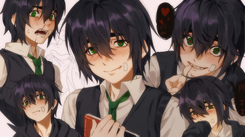 1boy, absurdres, black_hair, black_vest, blush, collared_shirt, degrees_of_lewdity, green_eyes