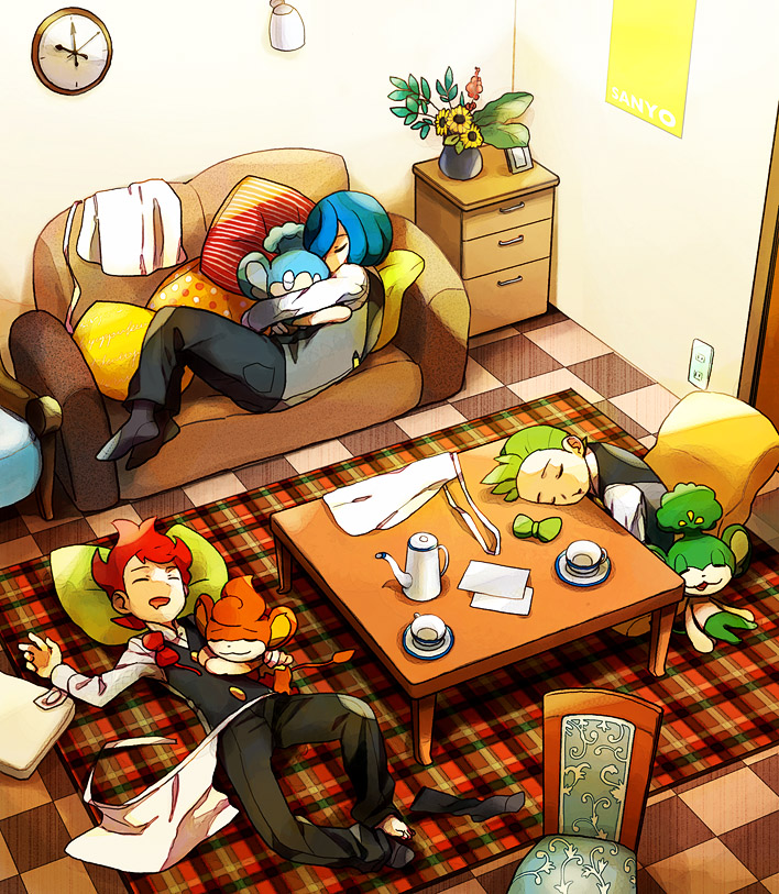 3boys, bartender, blue_hair, bowtie, chair, clock, corn_(pokemon), couch, dent_(pokemon), green_hair, gym_leader, hair_over_one_eye, hair_over_one_eyes, hangover, holding, kurocchirokko, living_room, male, multiple_boys, panpour, pansage, pansear, pillow, plant, pod_(pokemon), pokemon, pokemon_(creature), pokemon_(game), pokemon_black_and_white, pokemon_bw, potted_plant, red_hair, redhead, saliva, short_hair, sleeping, tea_set, waiter