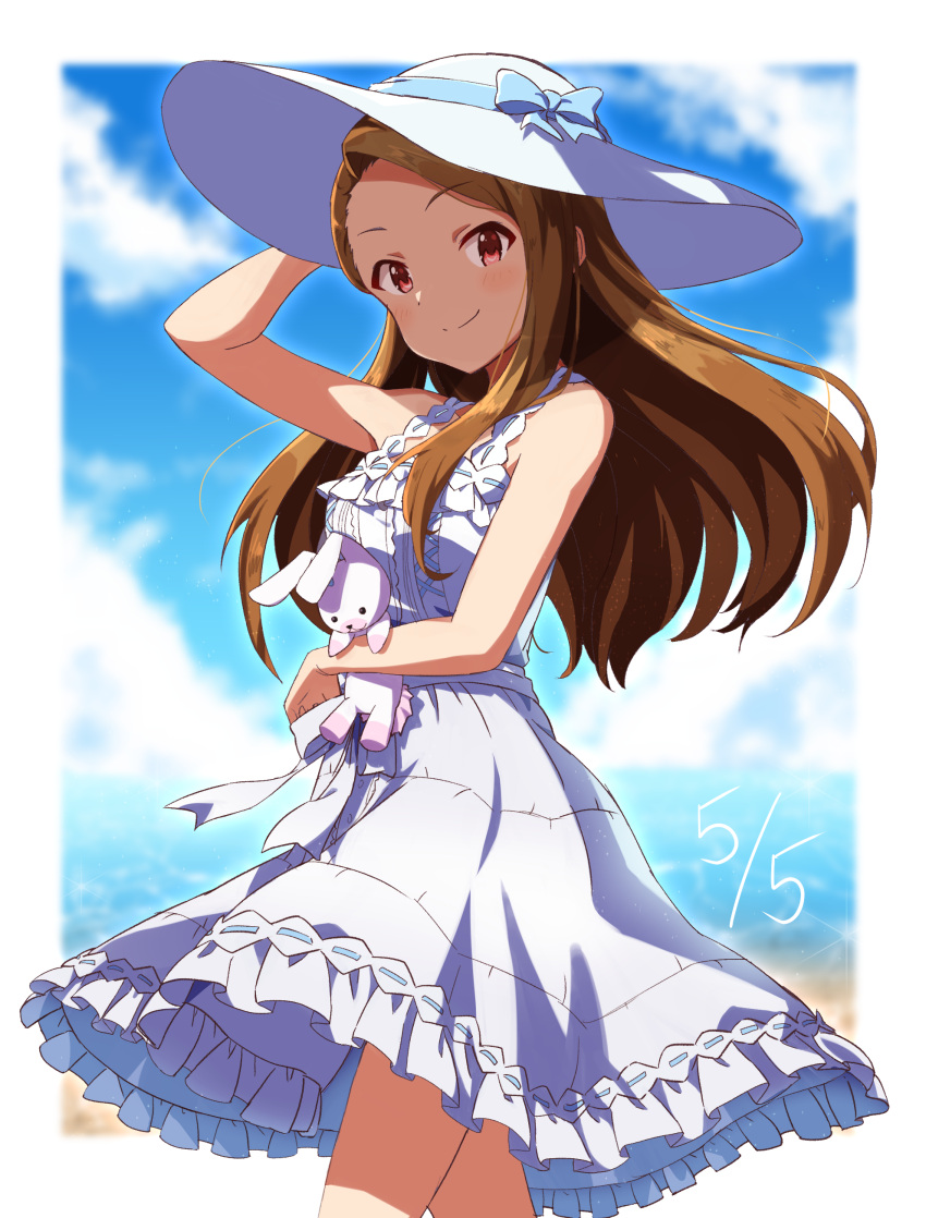 1girl, absurdres, arm_up, bare_shoulders, beach, blue_ribbon, blue_sky, blurry