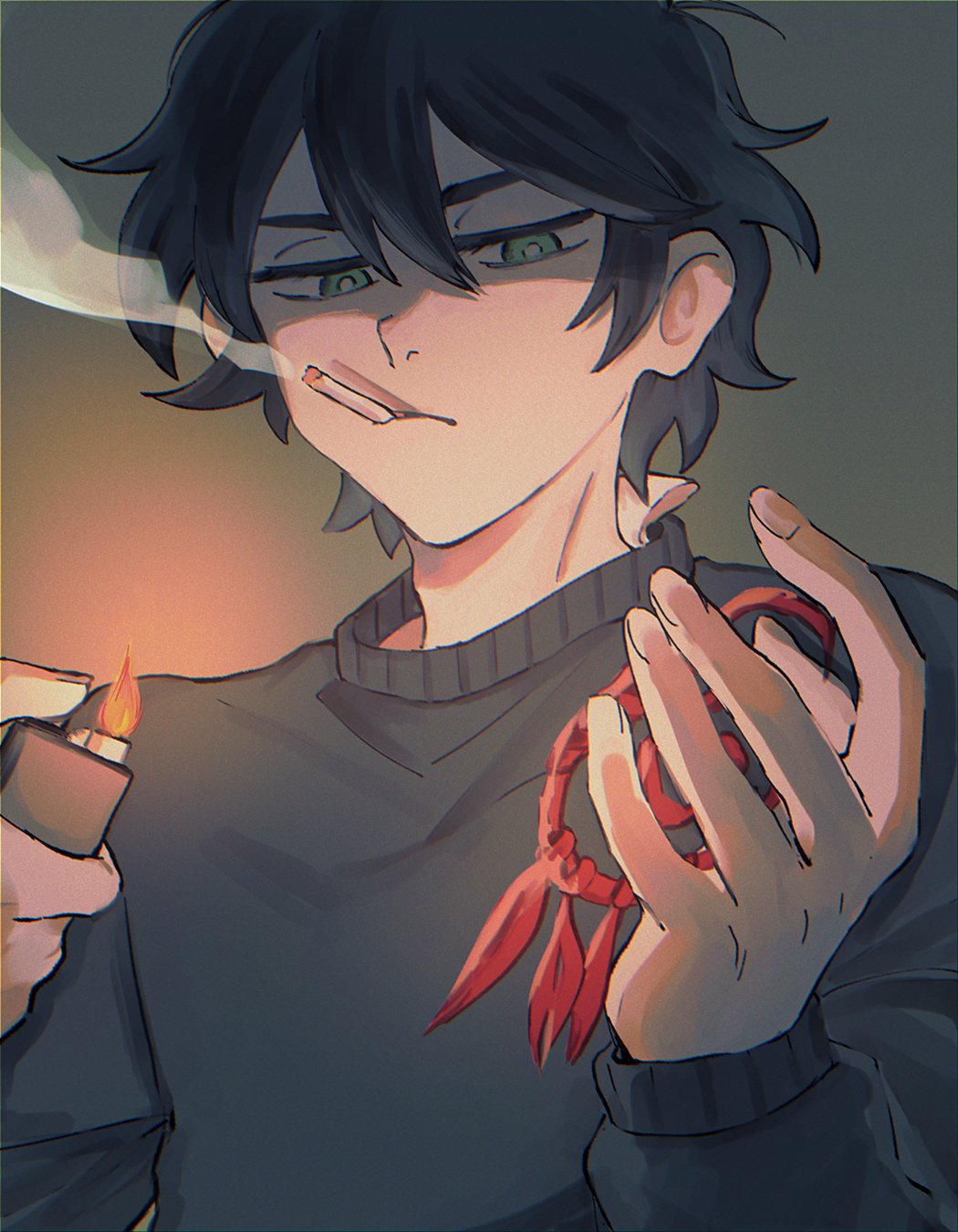 1boy, andrew_graves, assf_krsya, black_hair, black_sweater, bright_pupils, cigarette, green_eyes