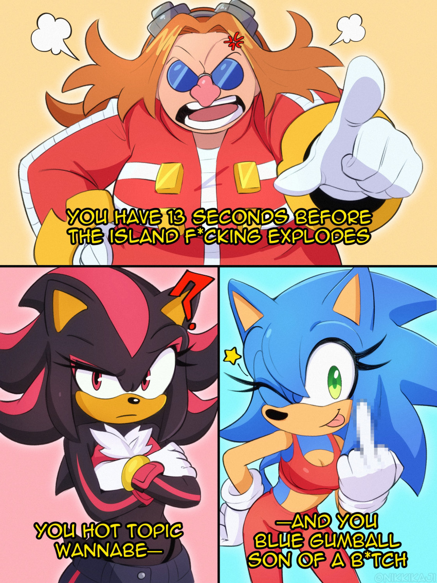 3girls, ;p, ?, absurdres, anger_vein, black_fur, blue_fur, bra, breasts, censored, chest_fur, crossed_arms, eggma'am, english_text, genderswap, genderswap_(mtf), glasses, gloves, green_eyes, hand_on_own_hip, hedgehog_girl, highres, jacket, leggings, middle_finger, multiple_girls, nikkikaji, one_eye_closed, open_mouth, pointing, puff_of_air, raised_eyebrow, red_bra, red_eyes, red_fur, red_jacket, red_leggings, round_eyewear, shadow_the_hedgehog, snapcube, sonic_(series), sonic_adventure_2, sonic_the_hedgehog, star_(symbol), subtitled, tongue, tongue_out, underwear, white_gloves