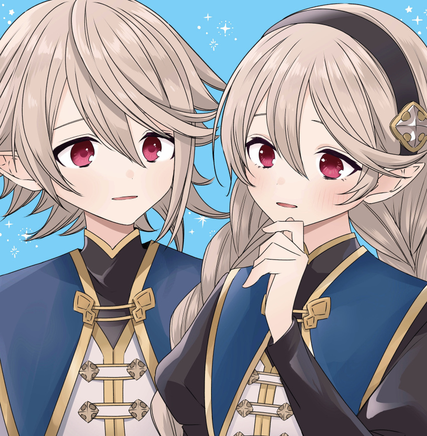 1boy, 1girl, absurdres, aged_down, black_hairband, blue_background, braid, braided_twintails