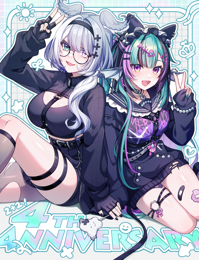 2girls, :d, absurdres, anniversary, aqua_eyes, aqua_hair, aqua_nails, asymmetrical_legwear, bandaid_on_thigh, black_hair, black_hairband, black_nails, blue_hair, breasts, chest_harness, cross-shaped_pupils, earrings, elira_pendora, elira_pendora_(goth), fangs, finana_ryugu, finana_ryugu_(jirai_kei), fingerless_gloves, fins, fish_skeleton_hair_ornament, glasses, gloves, hair_intakes, hairband, harness, head_fins, head_wings, heterochromia, highres, jewelry, large_breasts, lazulight, light_blush, long_hair, long_sleeves, looking_at_viewer, maid_headdress, medium_breasts, mismatched_legwear, multicolored_hair, multiple_girls, nijisanji, nijisanji_en, o-ring, o-ring_thigh_strap, pink_hair, senmi_(vvv_1864), sharp_teeth, side_ponytail, single_leg_pantyhose, single_thighhigh, sitting, sleeves_past_wrists, smile, smiley_face, star_(symbol), streaked_hair, sun_symbol, sweater, symbol-shaped_pupils, teeth, thigh-highs, thigh_strap, thighs, torn_clothes, torn_sweater, v, violet_eyes, virtual_youtuber, wings