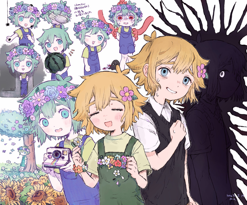 3boys, absurdres, aged_down, antenna_hair, basil_(faraway)_(omori), basil_(headspace)_(omori), basil_(omori), black_sweater_vest