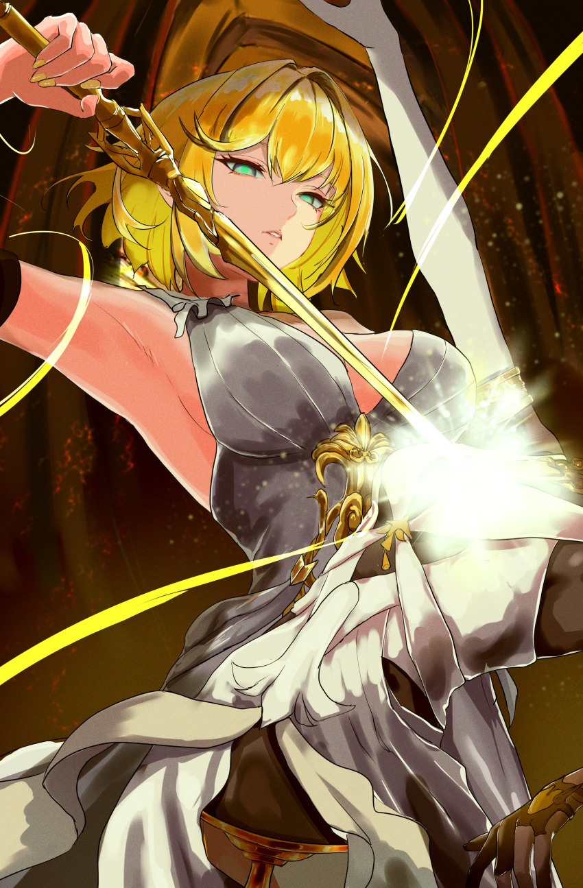 1girl, absurdres, aglaea_(honkai:_star_rail), armpits, blonde_hair, breasts, commentary, cowboy_shot