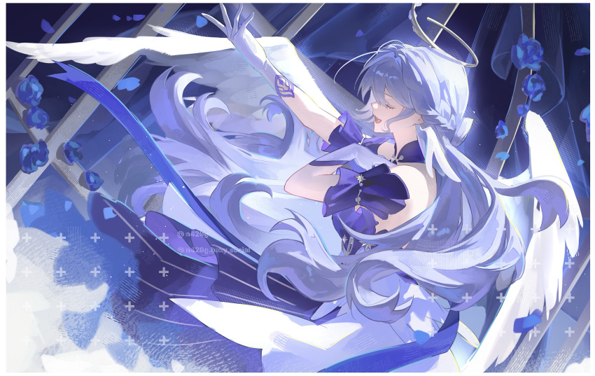 1girl, absurdres, bare_shoulders, blue_flower, blue_rose, closed_eyes, detached_sleeves, dress