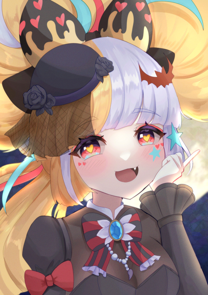 1girl, absurdres, blonde_hair, blue_hair, breasts, grey_hair, heart, heart-shaped_pupils, highres, jack_the_ripper_(monster_strike), multicolored_hair, symbol-shaped_pupils, uttsu_(yumaviviane)
