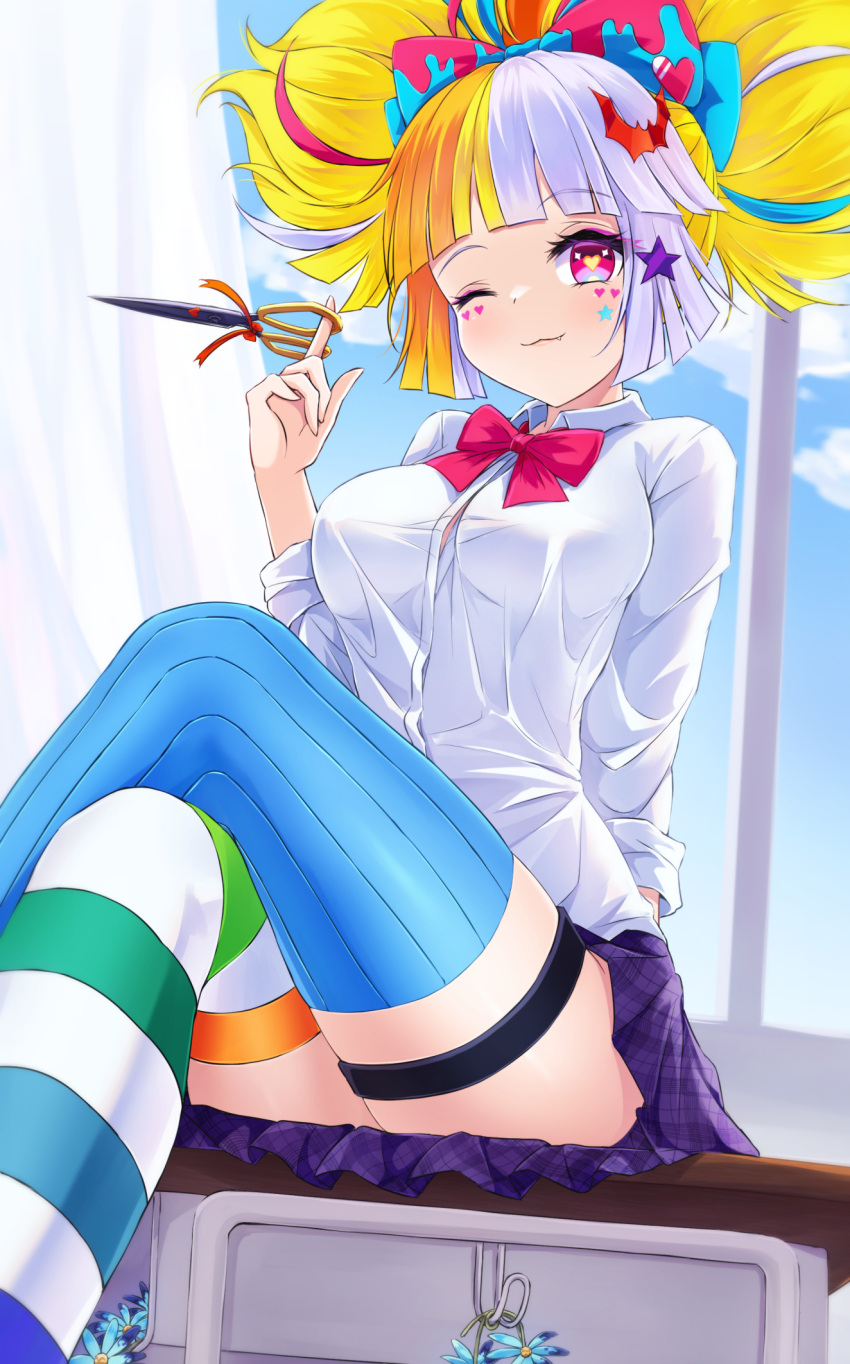1girl, akirappy, blonde_hair, blue_hair, breasts, crossed_legs, grey_hair, heart, heart-shaped_pupils, highres, jack_the_ripper_(monster_strike), monster_strike, multicolored_hair, one_eye_closed, symbol-shaped_pupils