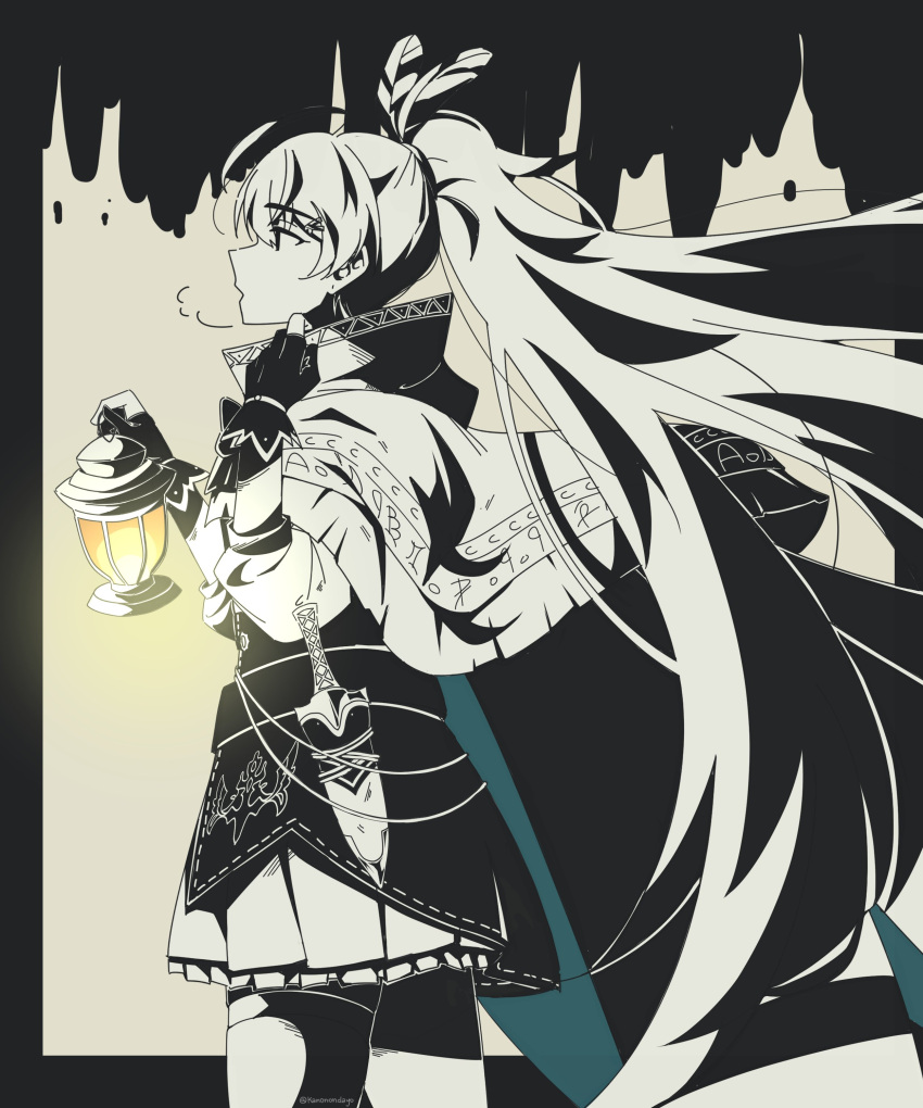 1girl, absurdres, adjusting_clothes, ahoge, cape, cloak, corset, dagger