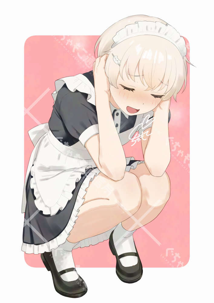 1girl, :d, adversarial_noise, alternate_costume, apron, black_dress, black_shoes, blonde_hair