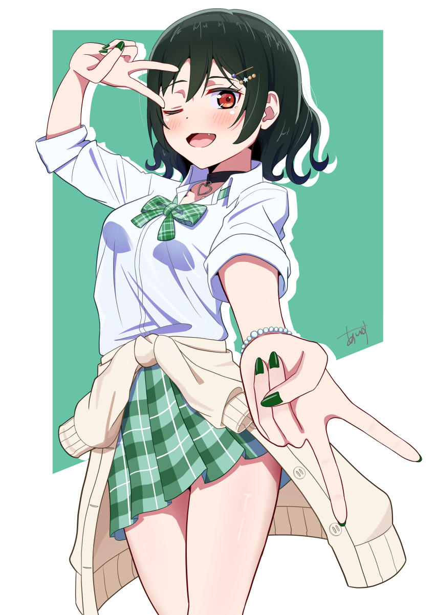 1girl, absurdres, black_choker, bow, bowtie, bracelet, cardigan, cardigan_around_waist, choker, clothes_around_waist, cowboy_shot, fang, foreshortening, green_bow, green_bowtie, green_hair, green_nails, green_skirt, gyaru, gyaru_v, gyarugasaki, hair_between_eyes, hair_ornament, hairclip, heart, heart_choker, highres, ice_compass0610, jewelry, kogal, looking_at_viewer, loose_bowtie, love_live!, love_live!_nijigasaki_high_school_idol_club, mifune_shioriko, miniskirt, multiple_views, nail_polish, official_alternate_costume, official_alternate_hairstyle, pearl_bracelet, plaid_bow, plaid_bowtie, plaid_clothes, plaid_skirt, pleated_skirt, red_eyes, school_uniform, short_hair, skirt, solo, v, v_over_eye, wavy_hair