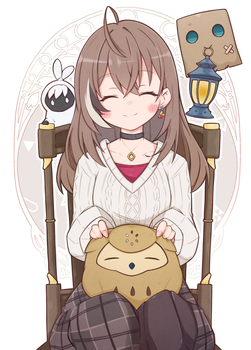1girl, absurdres, ahoge, berry, black_choker, blush, brown_hair, brown_skirt, buffering, chair, choker, closed_eyes, crossed_bangs, double-parted_bangs, dual_persona, earrings, food-themed_earrings, friend_(nanashi_mumei), highres, hololive, hololive_english, hootsie_(nanashi_mumei), jewelry, lantern, lazurite, long_hair, long_skirt, long_sleeves, looking_at_viewer, mouth_hold, mumei_(song)_(hololive), nanashi_mumei, nanashi_mumei_(casual), necklace, on_lap, plaid_clothes, plaid_skirt, pleated_skirt, puffy_sleeves, red_shirt, shirt, sitting, skirt, sleeping, sleeves_past_wrists, smile, sweater, virtual_youtuber, white_sweater, wooden_chair