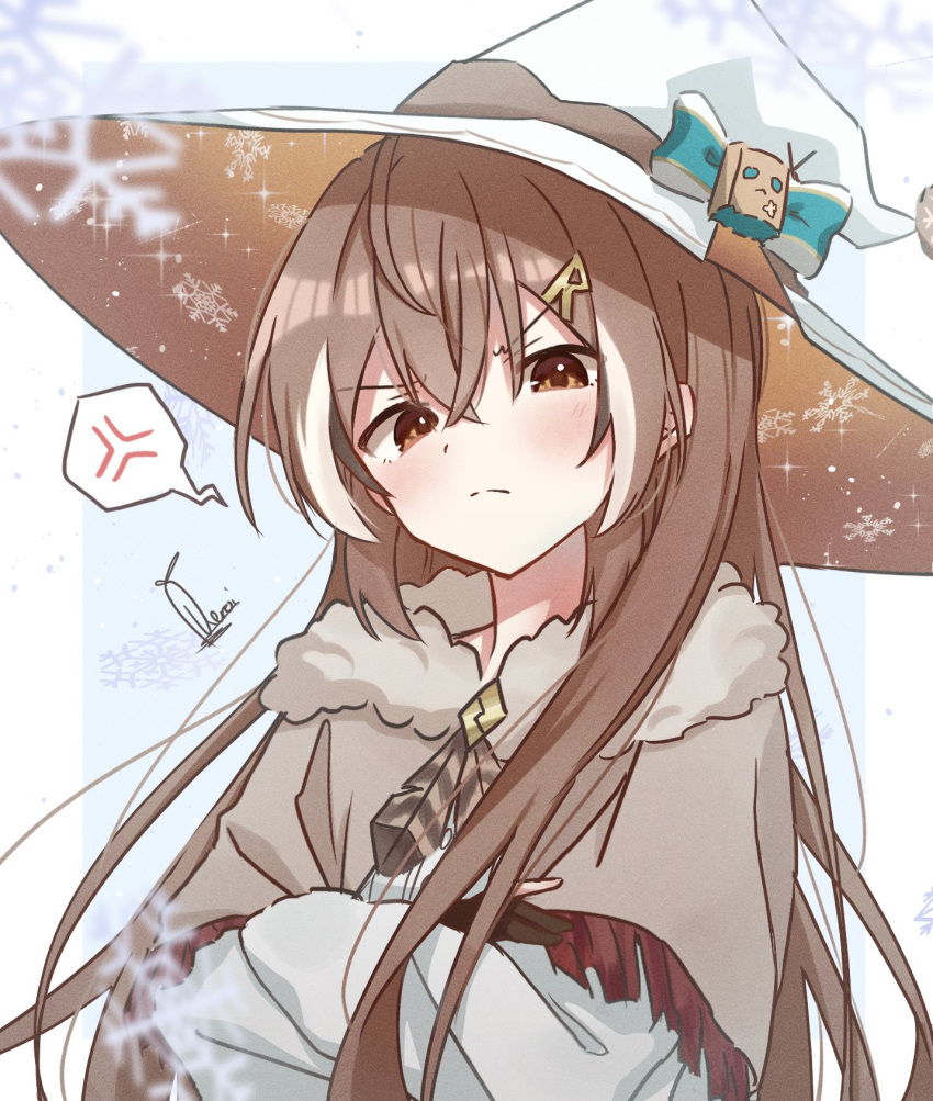1girl, alternate_costume, anger_vein, brown_capelet, brown_eyes, brown_hair, capelet, crossed_arms