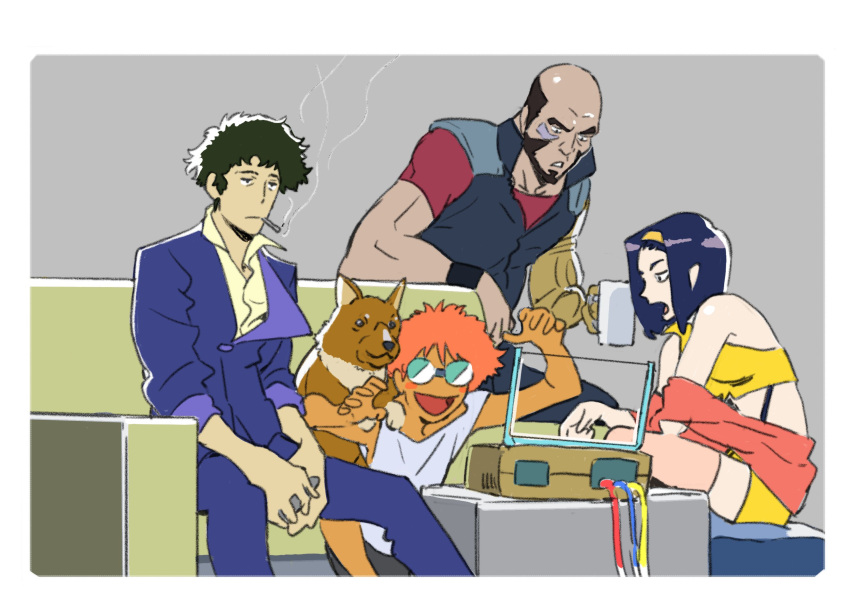 2girls, androgynous, bike_shorts, black_hair, blush_stickers, cigarette, cowboy_bebop, dark-skinned_female
