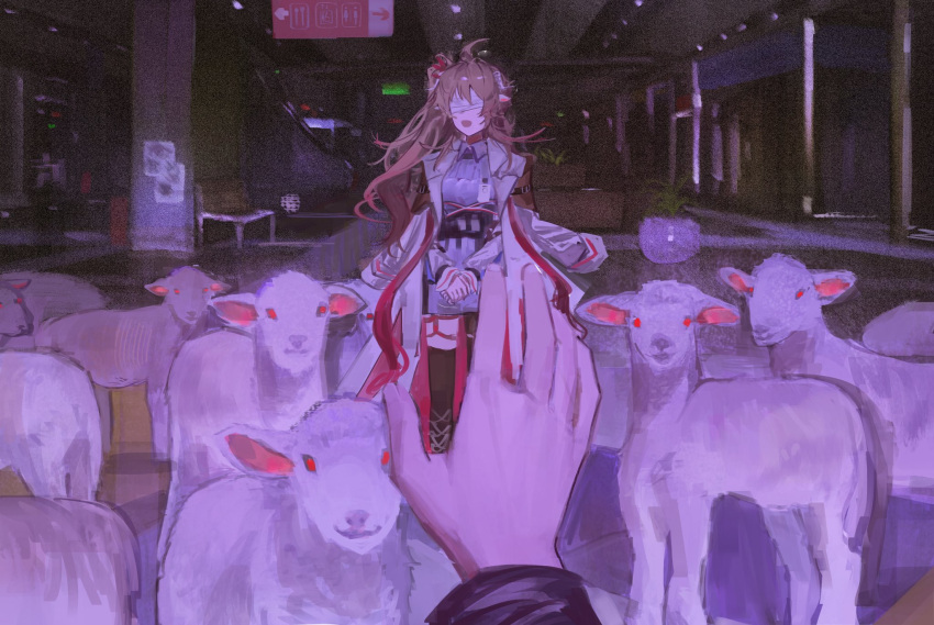 1girl, animal_ears, arknights, blindfold, brown_hair, collared_shirt, eyjafjalla_(arknights), highres, horns, indoors, jacket, long_hair, lunifish, open_mouth, pov, purple_shirt, reaching, red_eyes, sheep, sheep_ears, sheep_girl, sheep_horns, shirt, side_ponytail, solo_focus, white_jacket