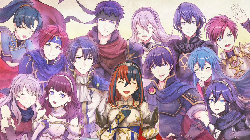 6+boys, 6+girls, :d, black_gloves, black_hairband, black_headband, blue_cape, blue_eyes, blue_hair, blue_headband, cape, celica_(emblem)_(fire_emblem), celica_(fire_emblem), closed_mouth, crossed_bangs, eirika_(emblem)_(fire_emblem), eirika_(fire_emblem), elbow_gloves, facing_viewer, female_alear_(fire_emblem), female_corrin_(emblem)_(fire_emblem), female_corrin_(fire_emblem), fire_emblem, fire_emblem:_genealogy_of_the_holy_war, fire_emblem:_mystery_of_the_emblem, fire_emblem:_path_of_radiance, fire_emblem:_radiant_dawn, fire_emblem:_the_blazing_blade, fire_emblem:_the_sacred_stones, fire_emblem:_thracia_776, fire_emblem:_three_houses, fire_emblem_awakening, fire_emblem_echoes:_shadows_of_valentia, fire_emblem_engage, fire_emblem_fates, game_cg, gloves, green_hair, hair_between_eyes, hairband, hand_on_own_chest, happy, headband, highres, ike_(emblem)_(fire_emblem), ike_(fire_emblem), leif_(emblem)_(fire_emblem), leif_(fire_emblem), long_hair, looking_at_viewer, lucina_(emblem)_(fire_emblem), lucina_(fire_emblem), lyn_(emblem)_(fire_emblem), lyn_(fire_emblem), male_byleth_(emblem)_(fire_emblem), male_byleth_(fire_emblem), marth_(emblem)_(fire_emblem), marth_(fire_emblem), micaiah_(emblem)_(fire_emblem), micaiah_(fire_emblem), mika_pikazo, multicolored_hair, multiple_boys, multiple_girls, official_art, open_mouth, ponytail, red_hair, roy_(emblem)_(fire_emblem), roy_(fire_emblem), short_hair, sigurd_(emblem)_(fire_emblem), sigurd_(fire_emblem), smile, split-color_hair, teeth, tiara, tongue, two-tone_hair, upper_teeth_only, variant_set, waving, white_hairband, white_wrist_cuffs, wrist_cuffs